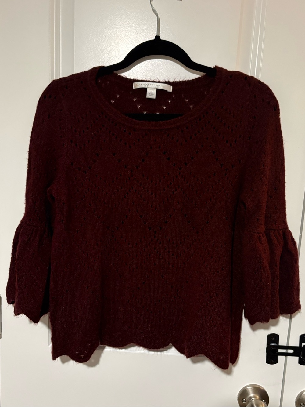 Lauren Conrad Burgundy Pointelle Bell Sleeve Sweater Size M